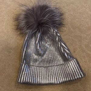 New silver and gray hat. Real fox fur pom pom